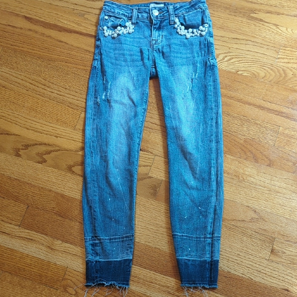 Beaded Hudson Distressed Skinny Jeans with Contrast Cuff